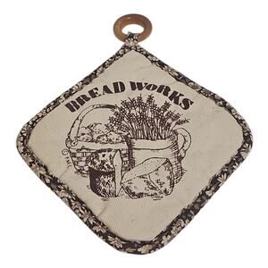 Vintage Bread Works Fabric Potholder Wooden Ring 70s Kitchen Decor Cottage